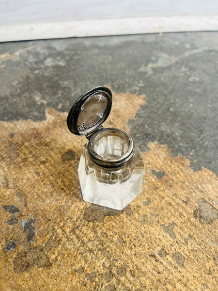 Antique Glass & Sterling Silver Inkwell – Elegant Desk Decor