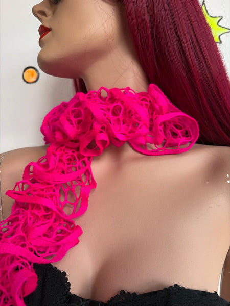 Y2K Hot Pink Barbie Scrunch Scarf Cabbagecore Fairy Grunge Crochet Ruffle Boa
