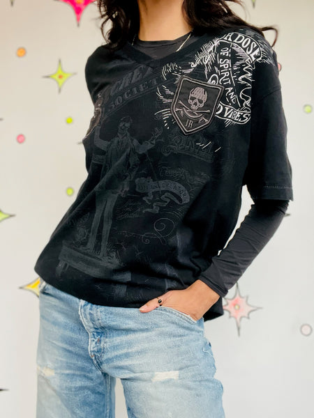 Vintage Y2K Indie Sleaze Black Graphic Tee - Tattoo Print Goth Grunge Shirt - XL