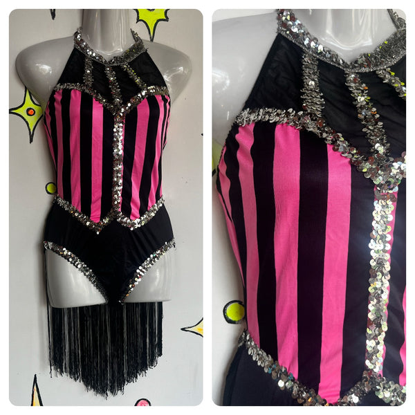 Vintage Dance Costume | Pink Fringe Showgirl Burlesque Circus Leotard Playsuit