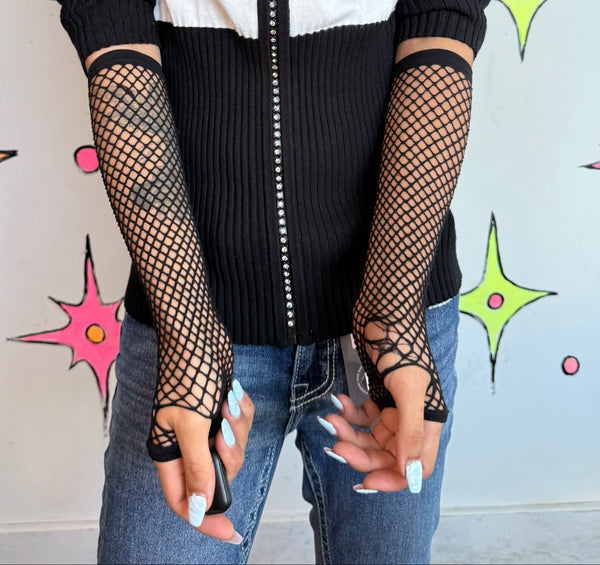Black Fishnet Gloves | Goth Punk Y2K Mesh Fingerless Gloves