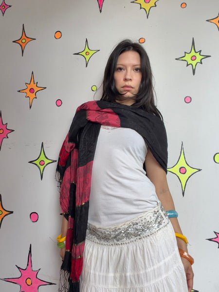 Black Red Gauzy Scarf Wrap Whimsy Goth Grunge Witchy Boho Layering Shawl