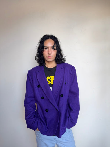 Vintage 1980s Purple Wool Blazer Retro Goth Maximalist Academia Jacket XL