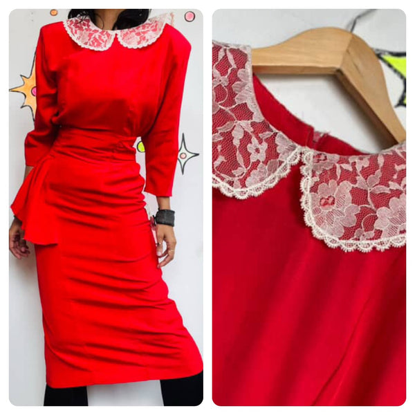 Vintage 80s Secretary Dress - NWT - Babydoll Grunge Cherry Red - Lace Collar - S