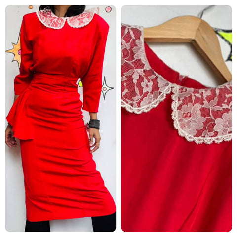 Vintage 80s Secretary Dress - NWT - Babydoll Grunge Cherry Red - Lace Collar - S