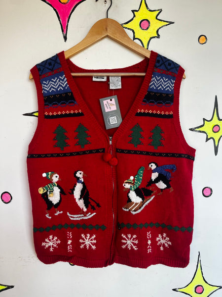 Vintage Christmas Vest Ugly Tacky Holiday Skiing Penguins X Mas Party Sweater XL