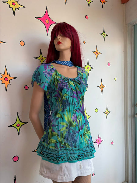 Y2K Neon Hawaiian Tank Top Miami Maximalist Fairy Grunge Cyber Y2K Pleated Top L