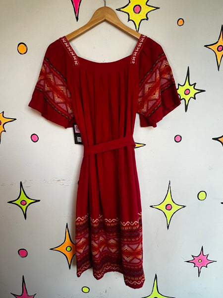 Vintage Mexican Embroidered Dress Red Oaxacan Folk Boho Fiesta Cotton - SM