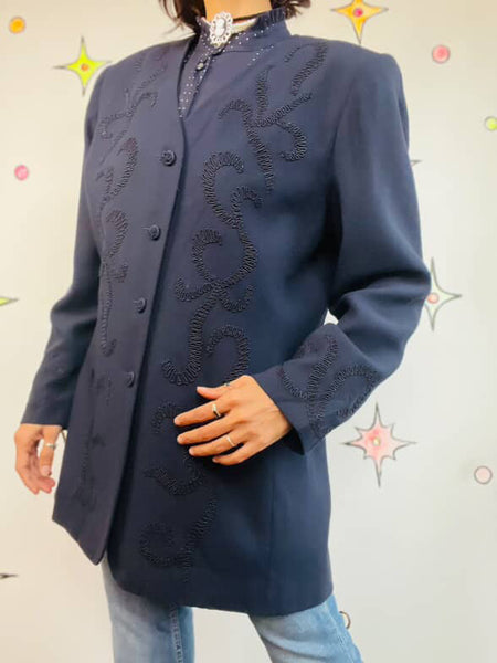 Vintage 80s 90s Navy, Black Embroidered Wearable Art Blazer Office Glam Size 12