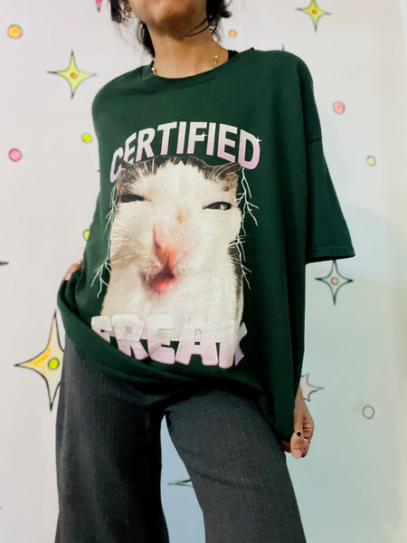 90s Y2K Certified Freak Kitty Cat Funny Graphic Tee Green 2XL