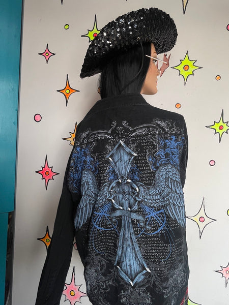 Y2K Affliction Style Tattoo Print Button-Up Black & Blue Graphic Shirt L/XL