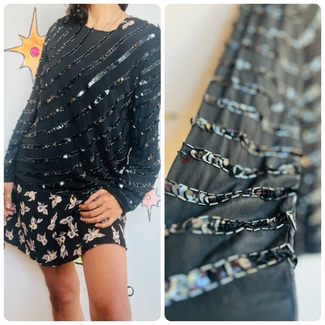 Vintage 80s 90s Black Whimsy Goth Glam Party Silk Sequin Blouse Fairy Grunge