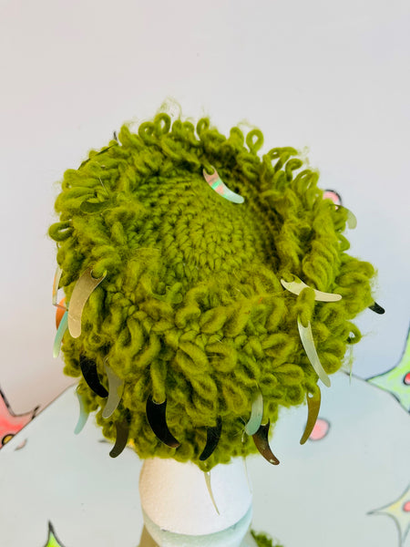 Vintage 1960s Green Shaggy Crochet Sequin Hat | Made in Japan | Wearable Art