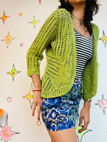 Vintage 90s Y2K Green Crochet Fairy Grunge Boho Cardigan Sweater - Size M