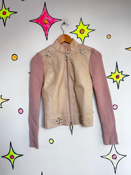 Y2K Pink Leather Jacket | Moto Rib Knit Hybrid Soft Grunge Fairy Ballet Core | S