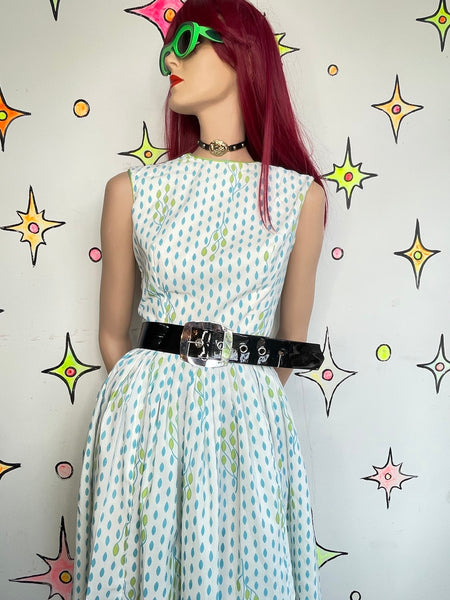 Vintage 1950s White Blue Floral Twirl Dress Retro Rockabilly Fit & Flare S