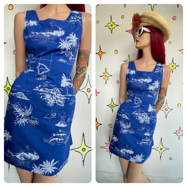 Vintage Retro Blue Aloha Hawaiian Mini Souvenir Vacation Tiki Dress M