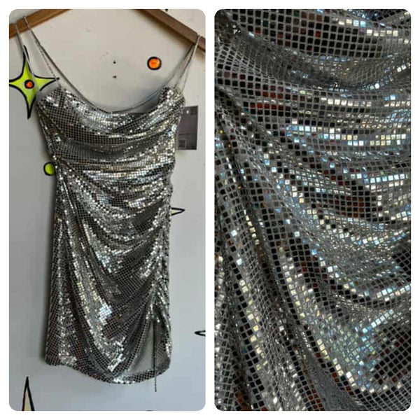 Y2K Metallic Silver Mini Party Dress w/ Rhinestone Straps – XS/Small - Disco