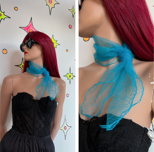 Vintage 50s 60s Bright Blue Sheer Chiffon Neck Scarf Retro Kawaii Glam