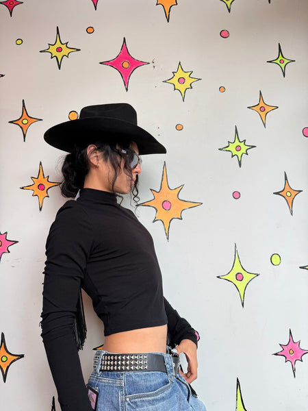 Cowboycore Black Cropped Turtleneck w/ Fringe Goth Western Glam S/M