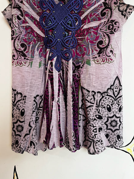 Vintage Y2K Purple Boho Grunge Fairy Crochet Embellished Tattoo Tee - Size M