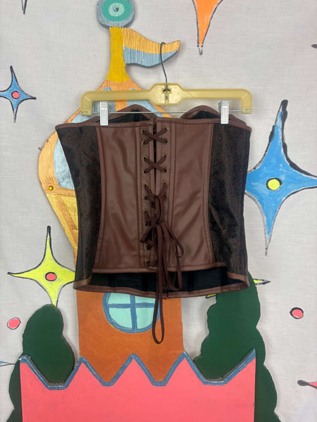 Steampunk Cosplay Brown Paisley Vegan Leather Corset Bustier Top | 3XL