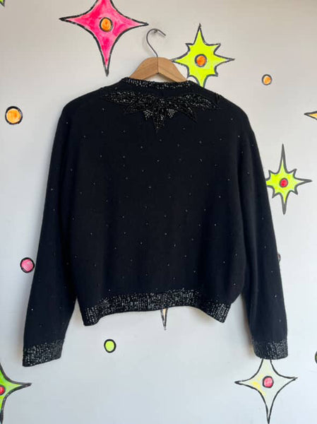 Vintage 1950s | Beaded Black Boho Grunge Whimsy Goth Wool Cardigan Sweater | S