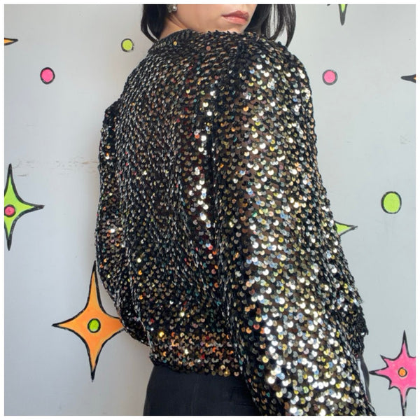 Vintage 70s Gold Silver Disco Bomber Jacket Metallic Retro Party Jacket | S M