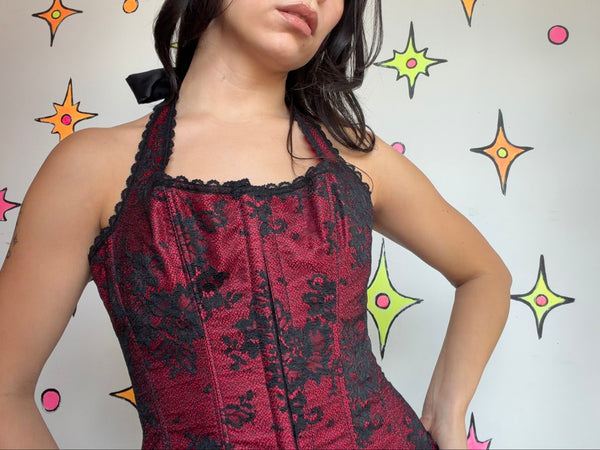 Red Black Gothic Romantic Vamp Corset Top Lace Victorian Goth Ren Faire M