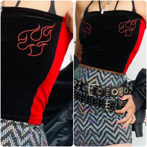 Y2K | Black and Red Velvet Stretchy Moto Racing Tube Top Emo Goth Grunge | XS