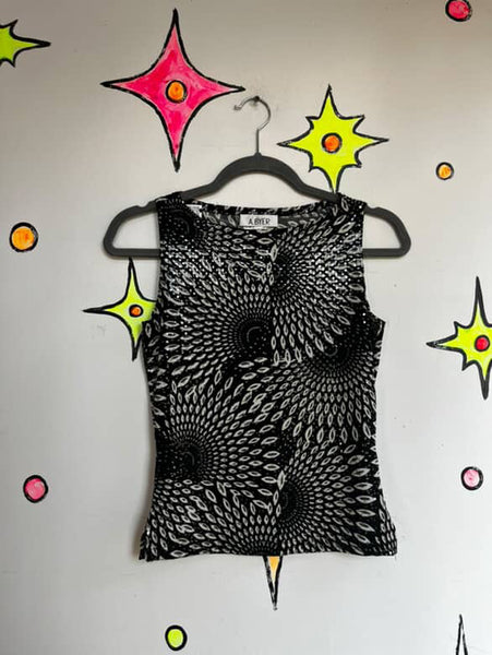 Y2K Op Art Fairy Grunge Cyber Sleaze Top – Stretchy Indie Goth – Size S
