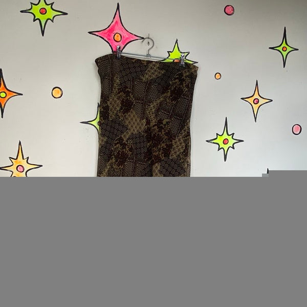 Vintage 90s Earth Tone Scarf Print Midi Skirt Floral Ruffle Fairy Grunge Boho - S