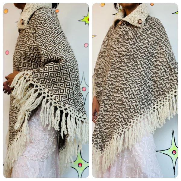 Vintage 60s 70s Brown & Cream Boho Crochet Poncho Capelet with Fringe