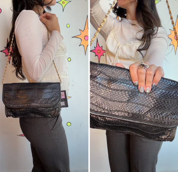 80s Glam Black Snakeskin Shoulder Bag Gold Chain Mob Wife Old Money Purse