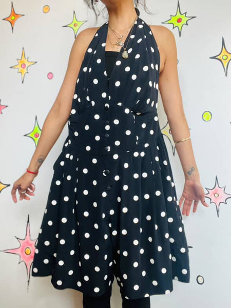 80s Does 50s Black & White Polka Dot Halter Romper Dress Rockabilly Pinup - L/XL
