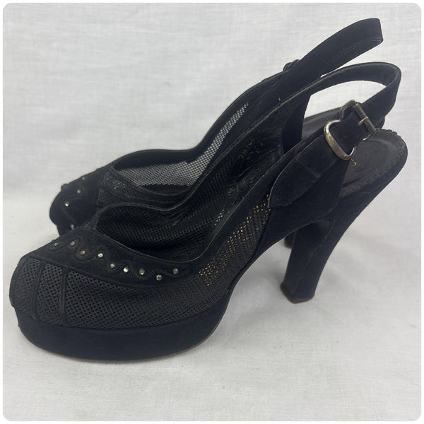 40s Black Mesh Suede Peep Toe Platform Heels Rhinestones Witchy Cha Cha – 6.5–7