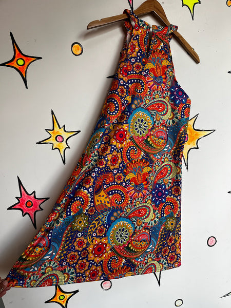 Retro 60s 70s Mod GoGo Psychedelic Rainbow Paisley Mini Party Dress - M/L