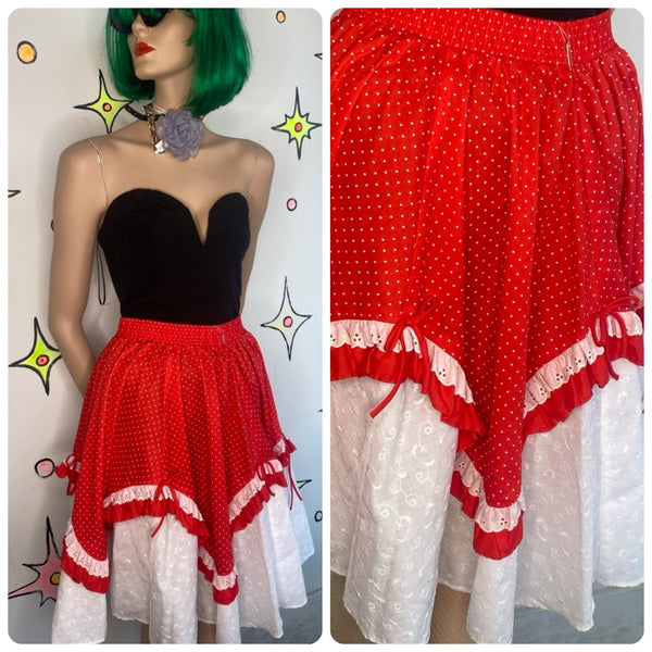 Vintage Red White Lace Square Dancing Full Twirl Patio Skirt Babydoll Lolita S