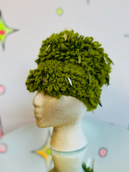 Vintage 1960s Green Shaggy Crochet Sequin Hat | Made in Japan | Wearable Art