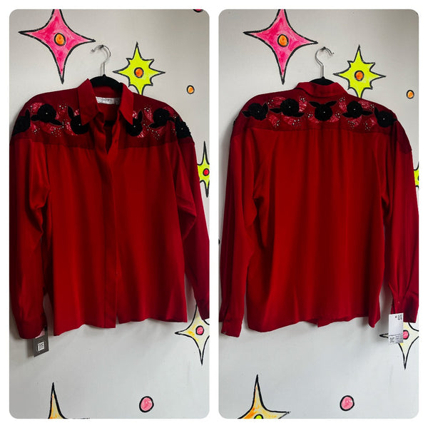 Vintage 80s 90s | Red Embellished Western Silk and Leather Shirt Blouse | L XL