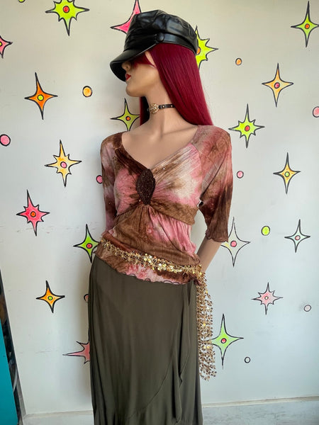 Y2K Pink & Brown Tie-Dye Crochet Embellished Top Fairy Grunge Boho L