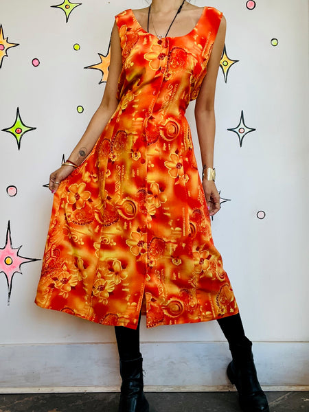 Vintage 90s Y2K Orange & Red Tiki Hawaiian Dress Boho Fairy Grunge Midi – Small