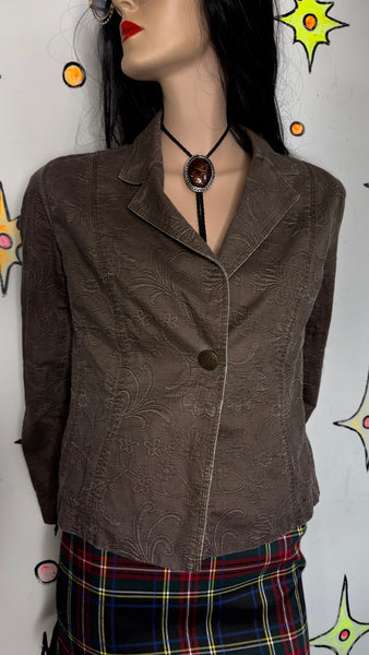 Brown Cropped Blazer Y2K Fairy Academia Embroidered Linen Feel - Preppy Glam M