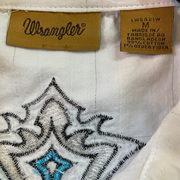 Vintage Y2K White Bedazzled Cross Western Pearl Snap | McBling Cowgirl M