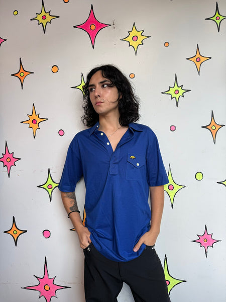 1970s 80s Jack Nicklaus Polo Blue Dagger Collar Retro Golf Shirt Men Preppy M