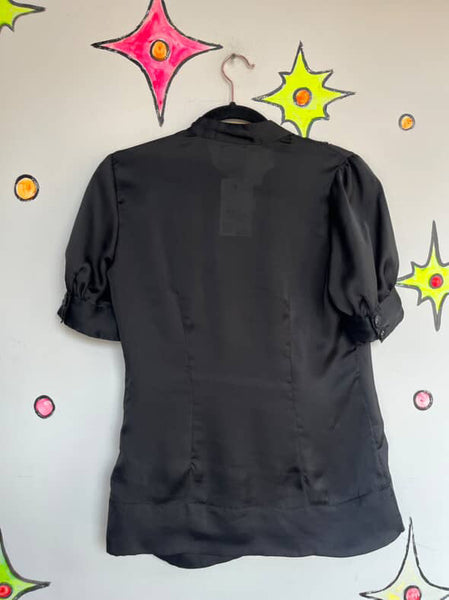 Vintage 90s Y2K | Black Silky Preppy Goth Glam Dark Academia Blouse | Size S