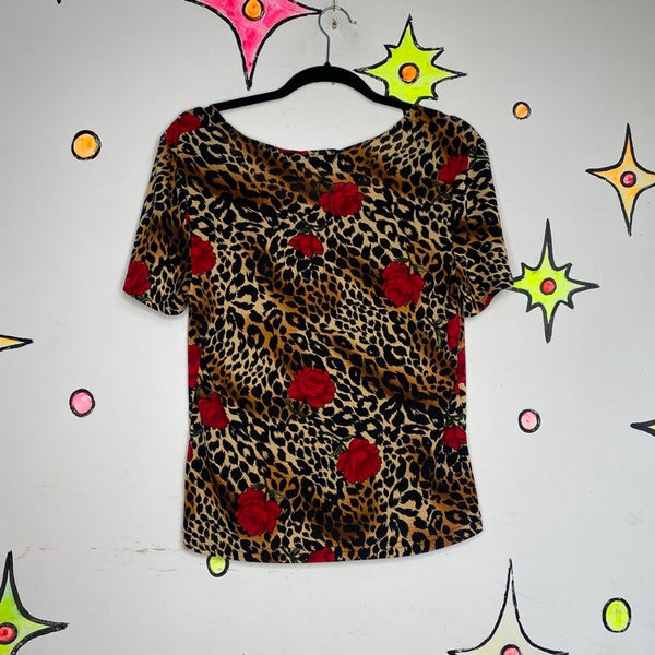 Vintage 90s Leopard & Rose Print Stretchy Square Neck Glam Grunge Top M/L