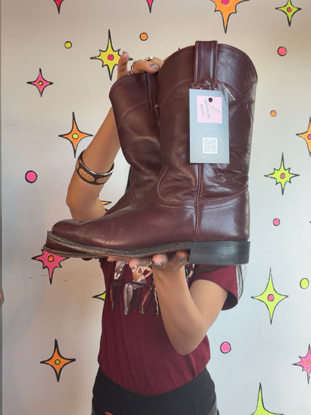 Vintage Justin Burgundy Leather Cowboy Boots Western Roper Cowgirl Boots 7.5A