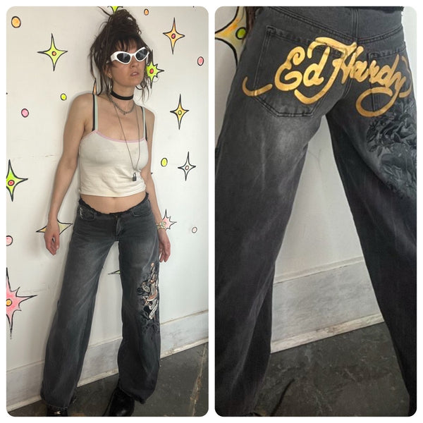 Ed Hardy Low Rise Wide Leg Jeans Tattoo Print Embellished Distressed Denim S