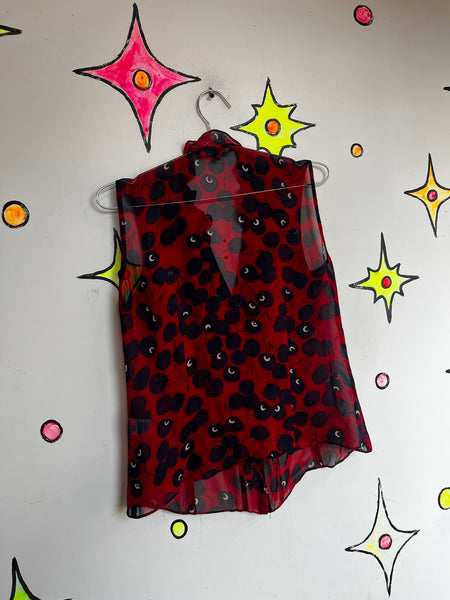 Vintage Y2K Nanette Lepore French Designer Cherry Red Ruffle Sheer Silk Blouse 6